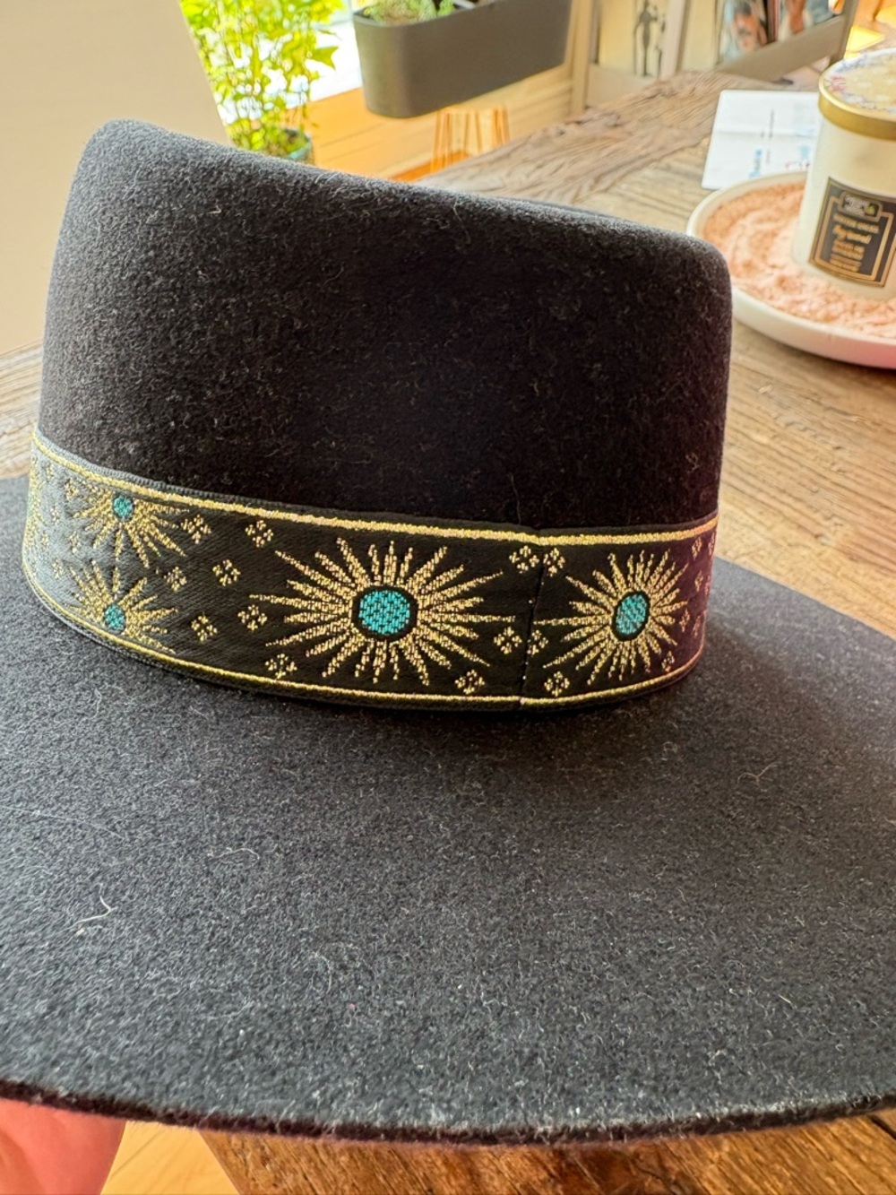 Lack Of Color Black Wide Brim Fedora with Embroidered gold and Turquoise Band - Picture 7 of 12
